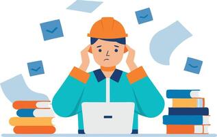 Construction worker stressed with paperwork and deadlines, symbolizing job stress and pressure in a demanding work environment. vector