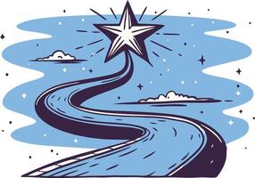 Stylized path leading to a shining star, symbolizing ambition, success, and the journey toward achievement in a conceptual and artistic illustration. vector