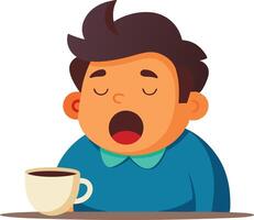 Tired man yawning with a cup of coffee, representing exhaustion, fatigue, and the need for energy in a simple cartoon illustration. vector