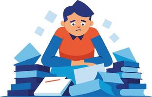 Overwhelmed person struggling with paperwork, symbolizing stress, pressure, and deadlines in a modern business environment. vector