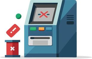 ATM machine with an error sign, representing financial problems, card issues, and money withdrawal troubles in a simple and modern illustration. vector
