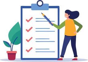 Woman marking items on a checklist, representing organization, productivity, and successful task completion in a businessoriented illustration. vector