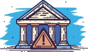 Old courthouse with a warning sign, symbolizing legal issues, justice, and potential problems in a conceptual and stylized illustration. vector