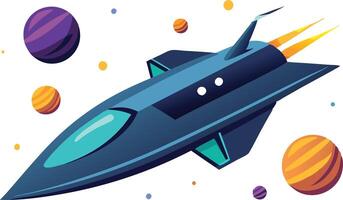 Spacecraft flying through the universe surrounded by planets and stars, symbolizing innovation, technology, and space travel in a colorful design. vector