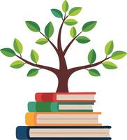Growing tree on top of books, symbolizing knowledge, education, and growth in a conceptual and creative illustration. vector