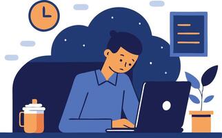Tired employee working late at night with a laptop, symbolizing exhaustion, overtime, and worklife imbalance in a relatable office illustration. vector