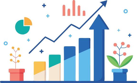 Growing bar graph with upward arrow, symbolizing business success, financial growth, and progress in a modern and vibrant design. vector