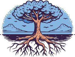 Stylized tree with deep roots, symbolizing strength, growth, and wisdom in a conceptual illustration with a focus on connection and stability. vector