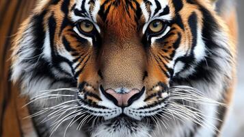 Close-up of a majestic tiger's face, highlighting its fierce gaze photo