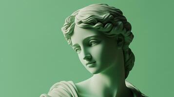 A stylized green sculpture resembling a classical figure photo