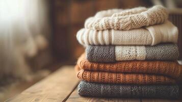 A stack of soft, warm sweaters is neatly arranged on a wooden table photo