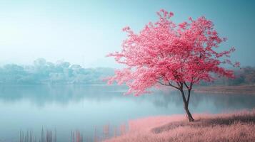 Serene landscape featuring a vibrant pink tree by a tranquil lake photo