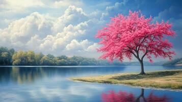 Serene landscape featuring a vibrant pink tree by a tranquil lake photo