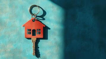 A house key attached to a whimsical keychain in the shape of a home photo