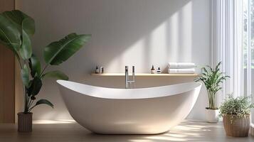 Modern bathroom with a freestanding tub in a stylish setting photo