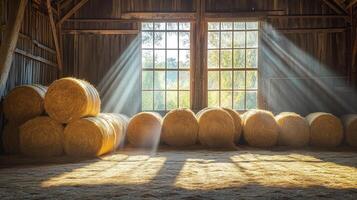 Golden hay bales are stacked inside a rustic barn with soft natural light photo