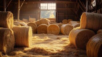 Golden hay bales are stacked inside a rustic barn with soft natural light photo