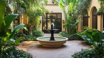 Serene garden courtyard with fountain and lush greenery photo