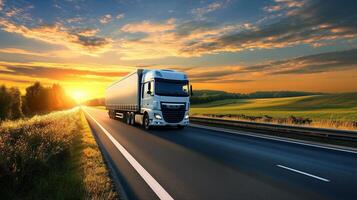 A large truck travels down an open highway as the sun sets photo