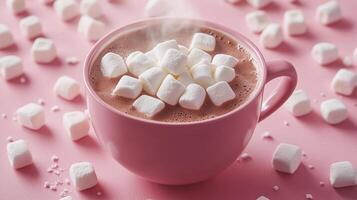 A steaming cup of hot cocoa filled with marshmallows rests on a pink surface photo