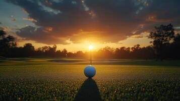 A golf ball rests on a tee as a vibrant sunset illuminates the green course photo