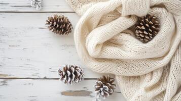 A soft cream scarf drapes alongside frosted pinecones photo