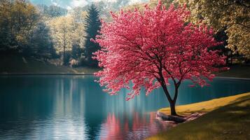 Serene landscape featuring a vibrant pink tree by a tranquil lake photo