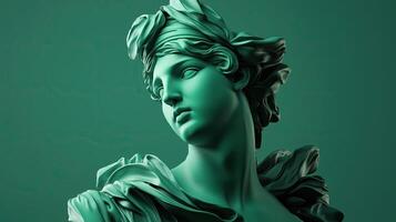 A stylized green sculpture resembling a classical figure photo