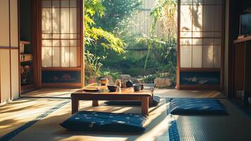 Serene Japanese-style room with a low table and natural light photo
