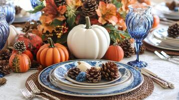 A festive Thanksgiving table setting features colorful autumn decor photo