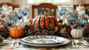 A festive Thanksgiving table setting features colorful autumn decor photo