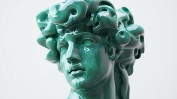 A stylized green sculpture resembling a classical figure photo