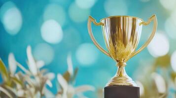 A golden trophy award stands prominently in focus photo