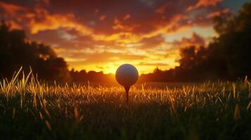 A golf ball rests on a tee as a vibrant sunset illuminates the green course photo