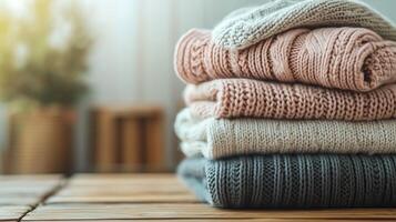A stack of soft, warm sweaters is neatly arranged on a wooden table photo
