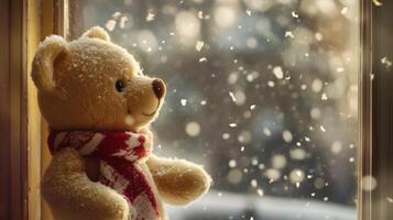 A teddy bear in a red and white scarf watches the snow photo