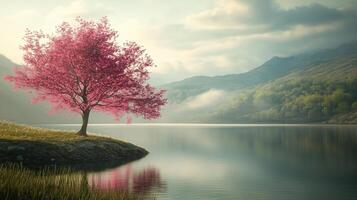Serene landscape featuring a vibrant pink tree by a tranquil lake photo