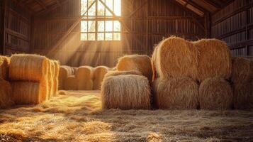 Golden hay bales are stacked inside a rustic barn with soft natural light photo