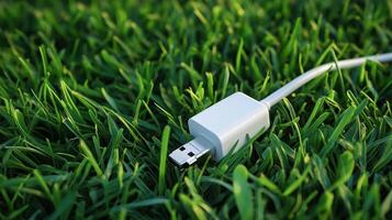 A white charging plug lying on green grass photo