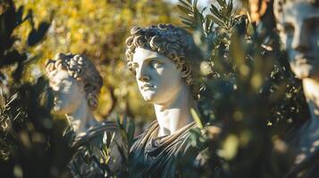 Classical sculptures surrounded by olive branches and foliage photo