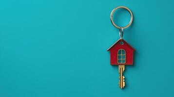 A house key attached to a whimsical keychain in the shape of a home photo