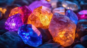 A collection of colorful crystal healing stones glows softly photo