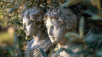 Classical sculptures surrounded by olive branches and foliage photo