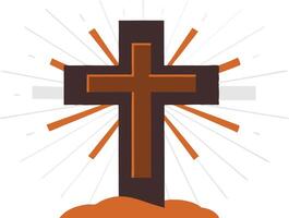 Simple wooden cross with rays of light shining behind, symbolizing faith, spirituality, and religious belief in a minimalistic and radiant design. vector