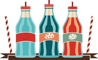 Illustration of vintage soda bottles with straws and different designs, symbolizing retro beverage aesthetics vector