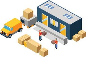 Warehouse workers unloading boxes from a truck, representing logistics, supply chain, and inventory management in a simple, modern illustration. vector