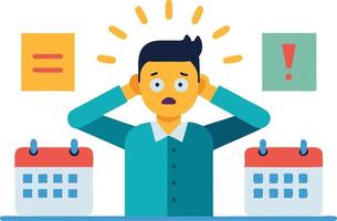 Stressed businessman with two calendars, representing time pressure, deadlines, and workload in a modern office setting. vector