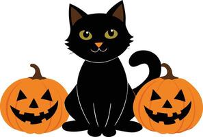 Black cat sitting between two jacko'lanterns, symbolizing Halloween, mystery, and spooky vibes in a playful and festive illustration. vector