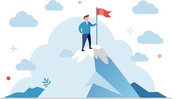 Man standing on top of a mountain with a flag, symbolizing achievement, success, and reaching goals in a minimalistic and motivational design. vector