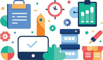 Illustration of various office tools and charts symbolizing productivity and work efficiency vector